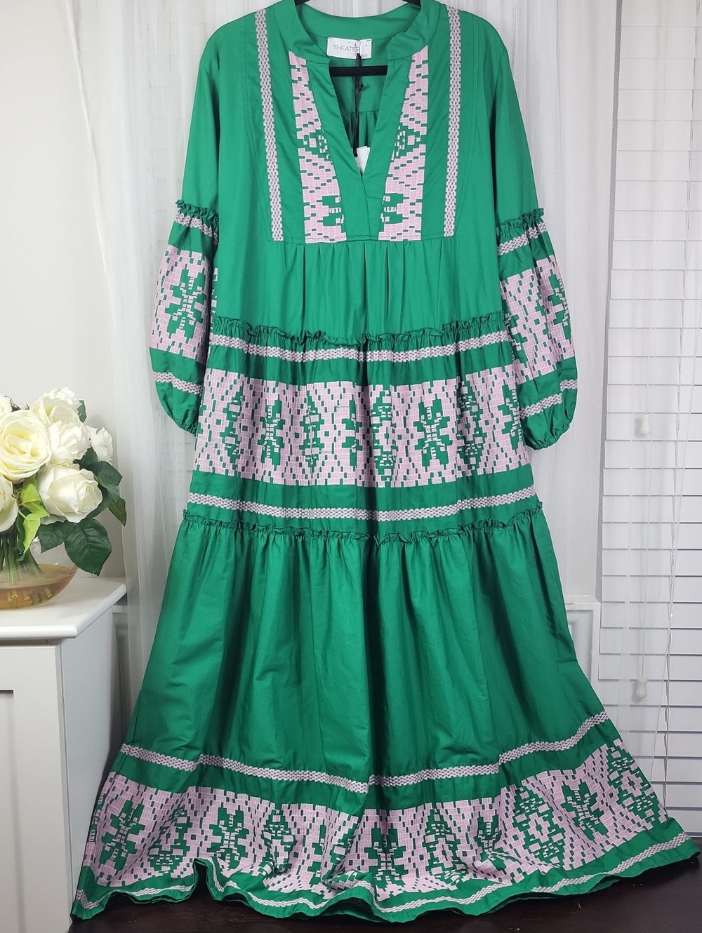 Theater Emerald Green Embroidered Maxi Dress with Pink Accents. Size S